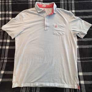 Johnnie-O Polo Shirt Mens Large L Blue Striped Hangin Out Cotton Spandex Pocket